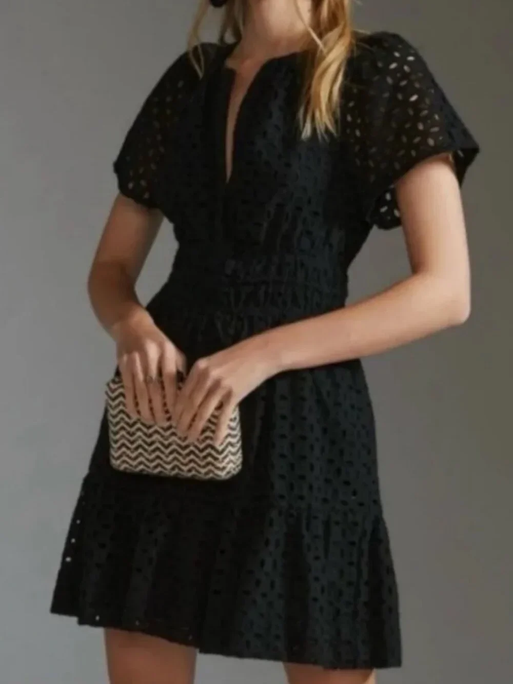 Anthropologie The Somerset Black Eyelet Mini-Dress V-Neck Tiered Lined Sz Large
